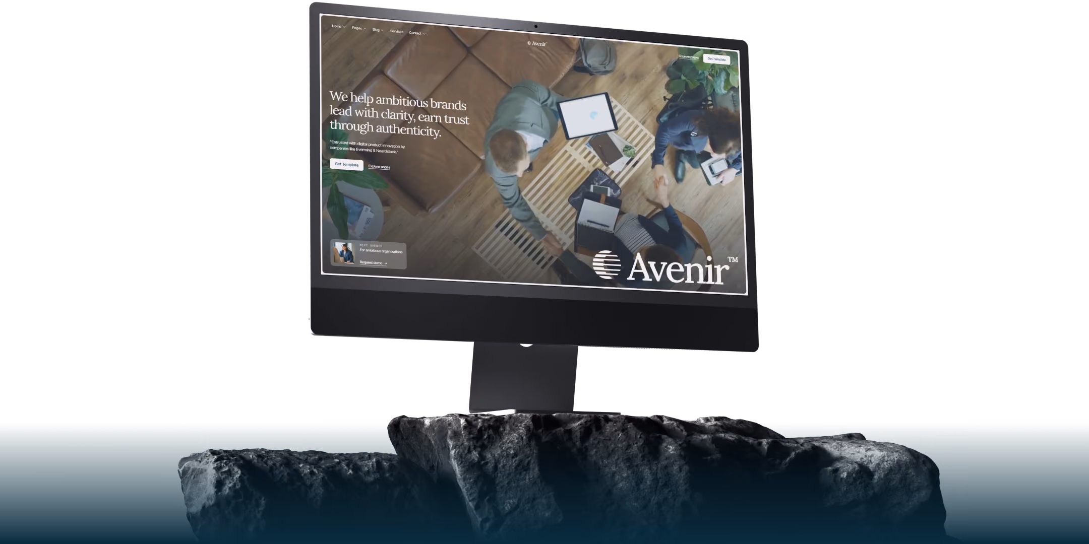 Tablet and smartphone displaying service design website pages with people and text, stylus pointing on tablet.