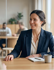 Smiling businesswoman in blazer sitting at a table with a notebook and coffee cup.