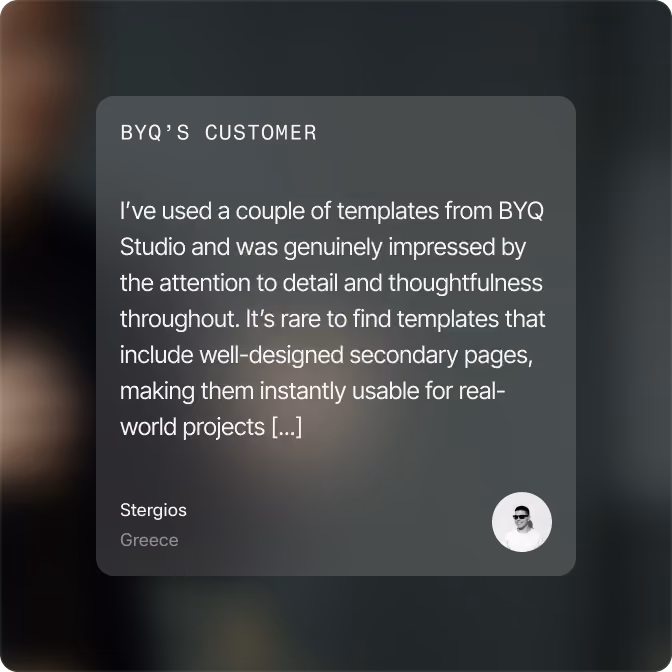 Customer review praising BYQ Studio templates for well-designed pages and usability in real projects.