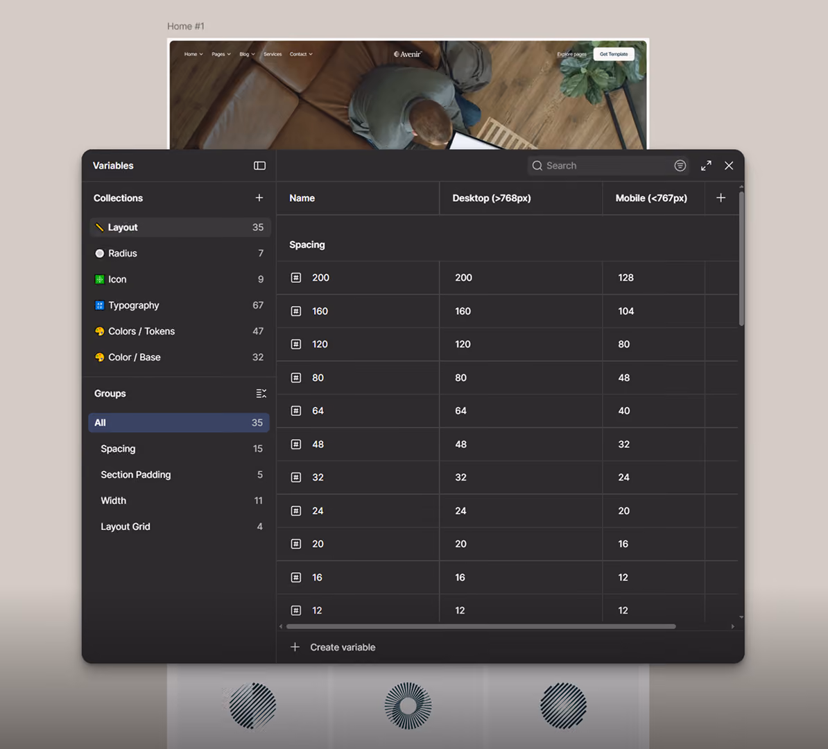 UI showing a variables panel with layout spacing sizes for desktop and mobile screen widths.