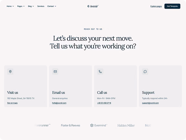 Contact page with options to visit, email, call, or get support from Avenir company.