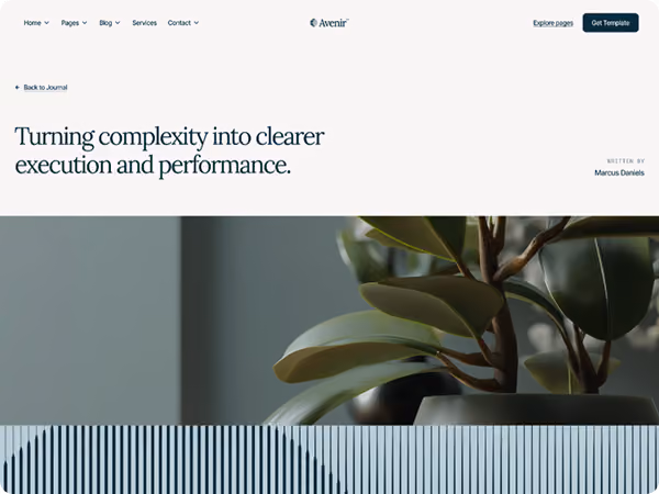 Website header showing plant with green leaves below text about turning complexity into clearer execution.