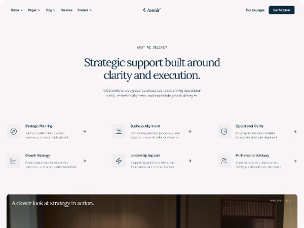 Website section showing strategic support services including planning, growth, alignment, leadership, clarity, and advisory.
