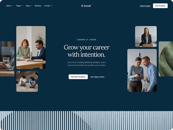 Website career page with text 'Grow your career with intention' and photos of diverse professionals working.