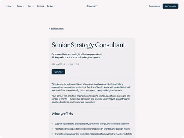 Job listing webpage for Senior Strategy Consultant with details on role, location in San Antonio, and full-time status.