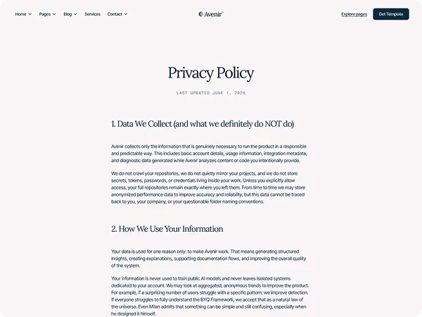 Privacy Policy page text outlining data collection and use practices on a clean website layout.