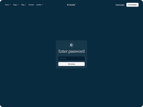 Website login page with a password entry box and a 'Get access' button on a dark blue background.
