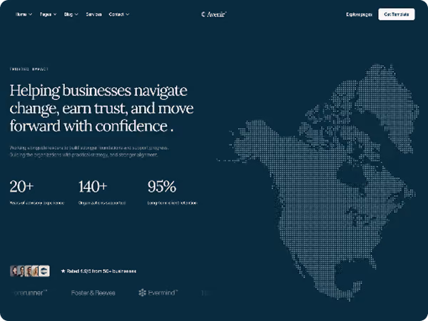 Website homepage with business trust message and dotted map of North America on dark blue background.