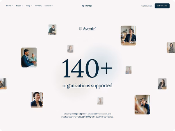 Text '140+ organizations supported' surrounded by blurred business meeting photos on a light background.