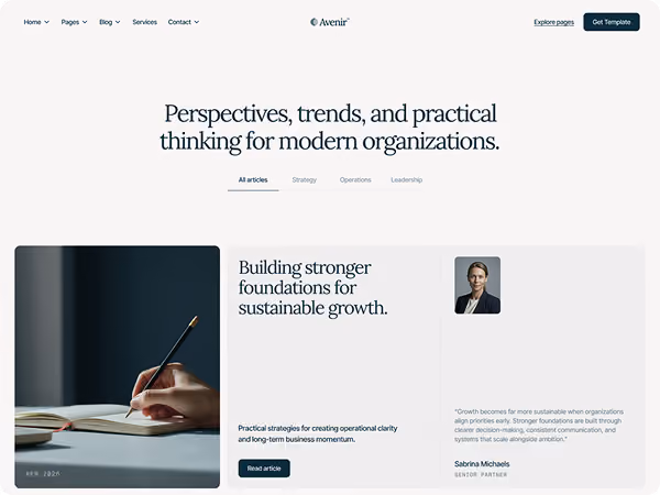 Website page with text on modern organizational thinking and a person writing in a notebook.