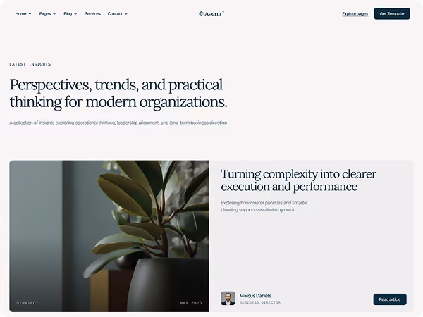 Website header showing insights and article about clearer execution with plant in dark pot image.
