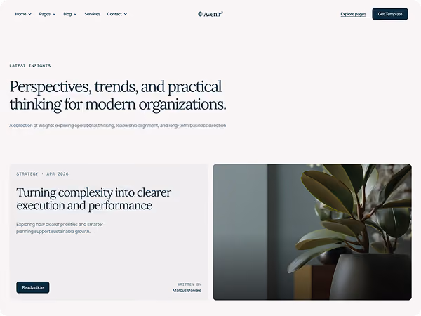 Website header with navigation, logo, article title, summary, and image of a potted plant with large leaves.