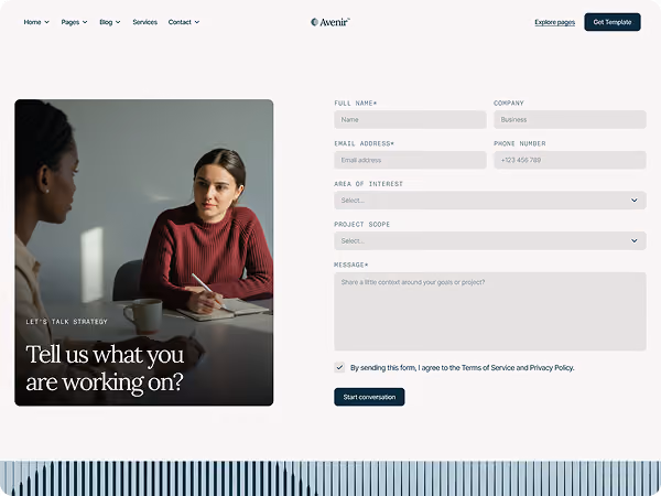 Website contact form with two women talking and fields for name, company, email, and message.