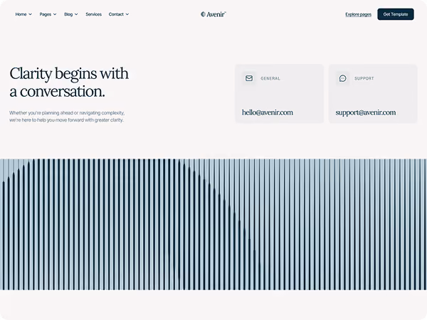 Website section with header 'Clarity begins with a conversation' and contact emails hello@avenir.com and support@avenir.com.