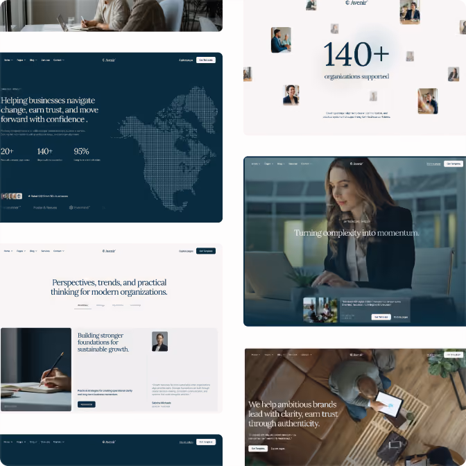 Website layout with business themes, including maps, professional portraits, and quotes about growth and trust.