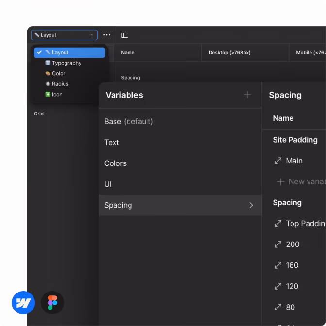 User interface of a design tool showing layout and spacing variables for desktop and mobile views.